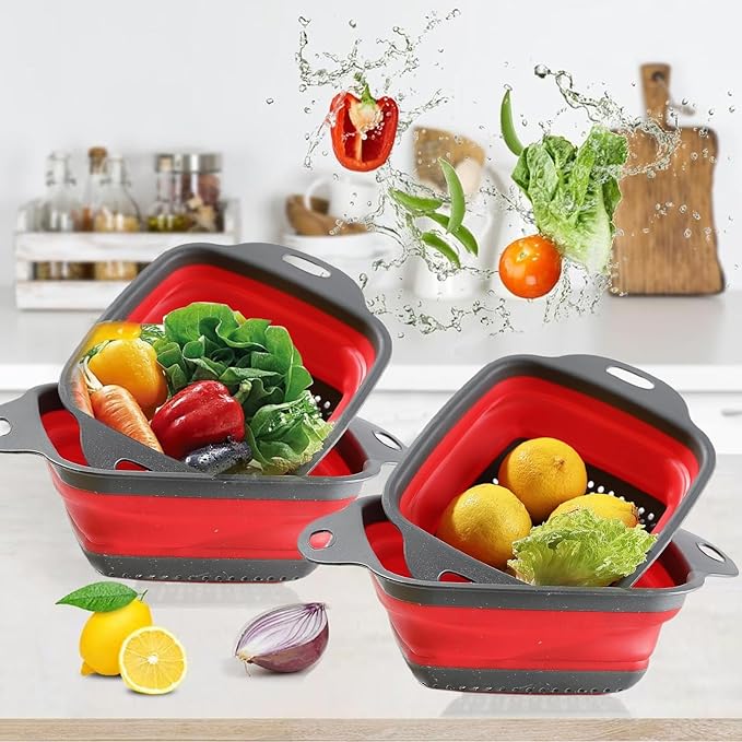 2 PCS Collapsible Colander, Collapsible Strainers for Kitchen, 11.5 inch Silicone Strainer and 9.5 inch Silicone Colander for Draining Vegetable fruit, Kitchen Food Strainer, Blue (Red) - Image 3