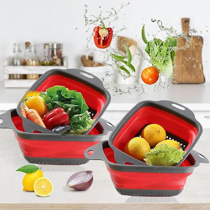 2 PCS Collapsible Colander, Collapsible Strainers for Kitchen, 11.5 inch Silicone Strainer and 9.5 inch Silicone Colander for Draining Vegetable fruit, Kitchen Food Strainer, Blue (Red) - Image 3