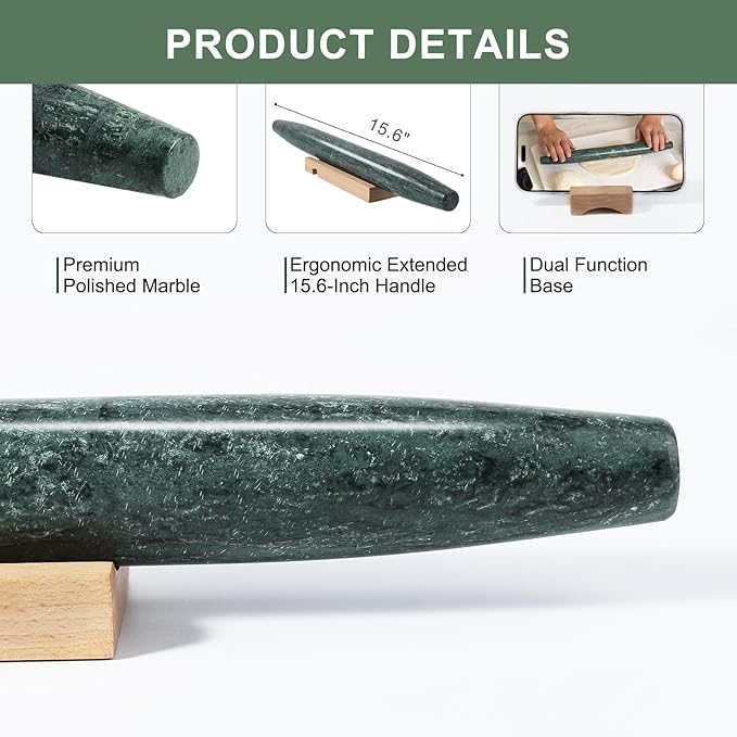 French Marble French Rolling Pin with Wooden Resting Base, 15 inch Kitchen Baking Tool for Baking with Non-Stick Surface, Ideal as a Dough Roller for Pie Crust, Cookie, Pasta - Image 3