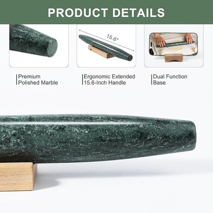 French Marble French Rolling Pin with Wooden Resting Base, 15 inch Kitchen Baking Tool for Baking with Non-Stick Surface, Ideal as a Dough Roller for Pie Crust, Cookie, Pasta - Image 3