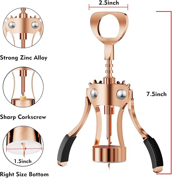 KORCCI Wine Opener, Heavy-Duty Zinc Alloy Wing Corkscrew, Premium Beer Bottle Opener, Multifunctional Wine Accessories with Ergonomic Handle and Sharp Screw, for Kitchen, Bar, Restaurant (Rose Gold) - Image 2