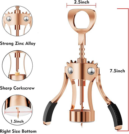 KORCCI Wine Opener, Heavy-Duty Zinc Alloy Wing Corkscrew, Premium Beer Bottle Opener, Multifunctional Wine Accessories with Ergonomic Handle and Sharp Screw, for Kitchen, Bar, Restaurant (Rose Gold) - Image 2
