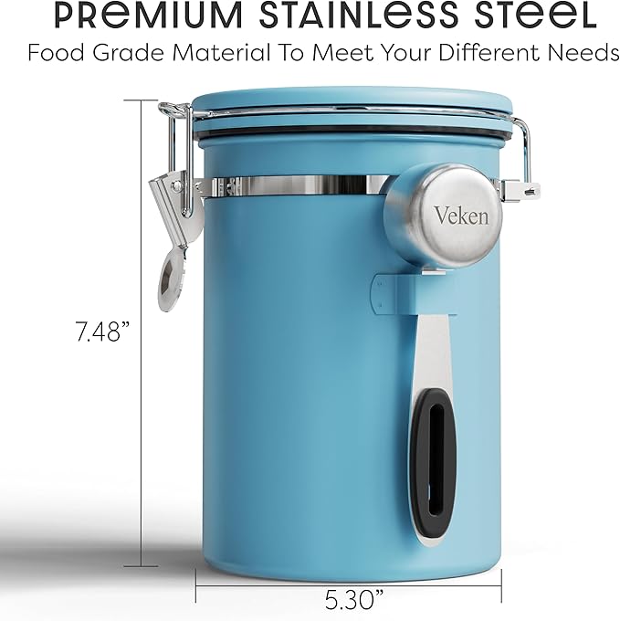 Veken Coffee Canister with Window, Airtight Stainless Steel Kitchen Food Storage Container with Lids, Date Tracker and Scoop for Grounds Coffee, Beans, Tea, Flour, Cereal, Sugar Jars, 22OZ, Blue - Image 2