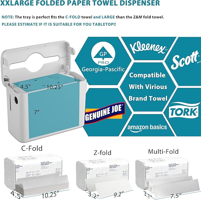 C-fold Paper Towel Dispenser XXLarge - Heavy Duty丨Wide-Design Countertop Folded Paper Towel Dispenser with Lid丨300-Sheet Large Capacity for Hand Towel, White - Image 2