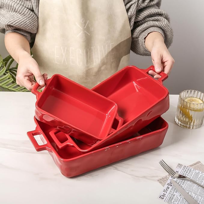 VICRAYS Ceramic Bakeware Set, Porcelain Rectangular Baking Dish, Baking Pan Lasagna Pans Casserole Dish Set for Cooking, Kitchen, Cake Dinner, Banquet and Daily Use, 3 PCS, 15 x 8.5 Inches (Red) - Image 6