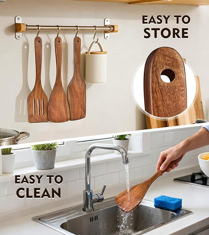 4Pcs Wooden Spatula for Cooking, Acacia Wooden Spatula for Kitchen Use, Nonstick Cookware Safe Utensils Set including Turner, Slotted Turner, Paddle and Scraper, Ideal Cooking Utensils Gift Set - Image 6