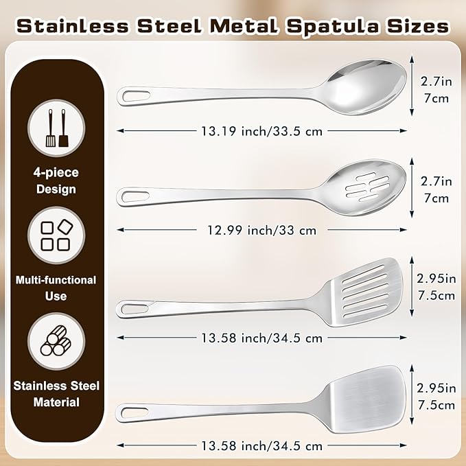 4 Pcs Cooking Utensils Set, Stainless Steel Kitchen Utensils, Heat Resistant Metal Kitchen Tools Include Solid & Slotted Turner Wok Spatula, Serving Spoon, Ergonomic Handle, Easy to Clean, Silver - Image 7