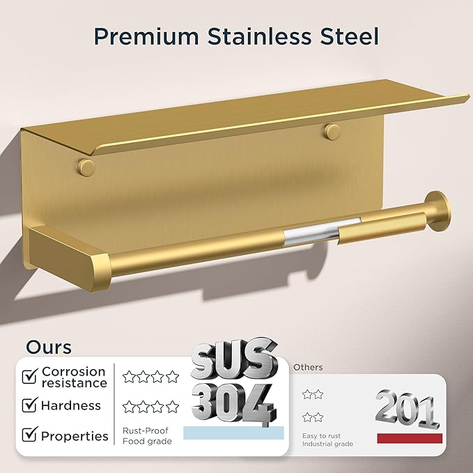 FORIOUS Paper Towel Holder with Shelf, SUS304 Stainless Steel Paper Towel Holder with Storage Shelf, Wall Mount Screw Paper Roll Organizer Commercial Paper Hand Towel Dispensers, Brushed Gold - Image 5