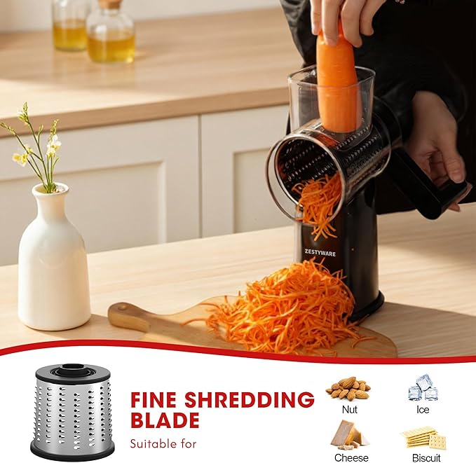 Rotary Cheese Grater Hand Crank with Foldable Handle, 3 Stainless Steel Blades, Perfect Graters for Kitchen, Manual Cheese Shredder Hand Crank with Suction Base, Rotary Grader, (Black) - Image 6