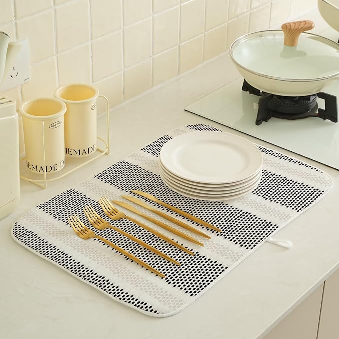 Boho Black Dish Drying Mat 18 x 24 inch Modern Geometry Polka Dot Striped Decorative Drying Mats Microfiber Absorbent Dish Washable Draining Mat for Kitchen Counter Decor