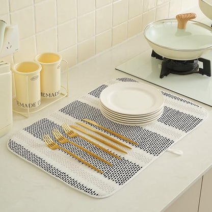 Boho Black Dish Drying Mat 18 x 24 inch Modern Geometry Polka Dot Striped Decorative Drying Mats Microfiber Absorbent Dish Washable Draining Mat for Kitchen Counter Decor