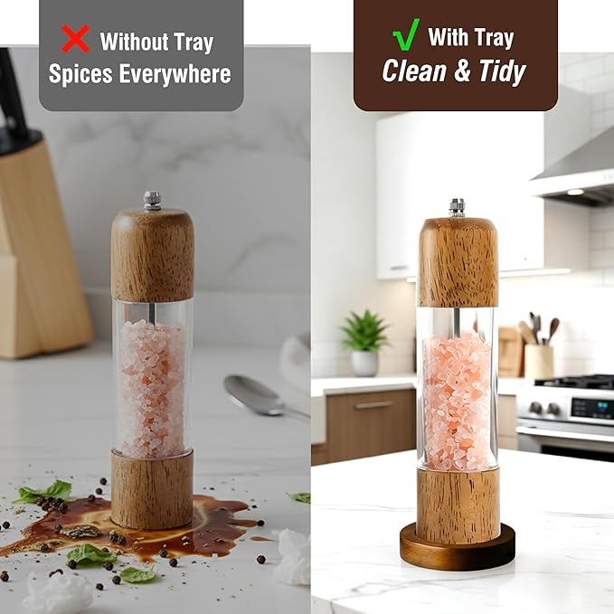 Wood Salt and Pepper Grinder, Salt Grinder and Pepper Mill, Oak Wood Shakers with Adjustable Ceramic Grinders (8″ - 1 Pack with Tray)