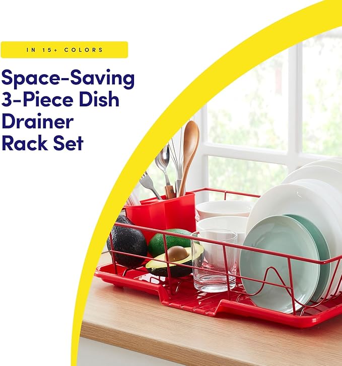 Sweet Home Collection Space-Saving 3-Piece Dish Drainer Rack Set: Efficient Kitchen Organizer for Quick Drying and Storage - Includes Cutlery Holder and Drainboard - Maximize Countertop Space, Red - Image 4
