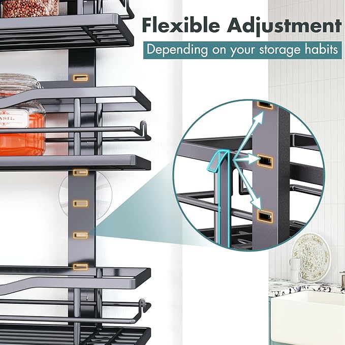 Eastherry Over The Door Pantry Organizer，6-Tier Over The Door Organizer with Adjustable Basket，Metal Hanging Pantry Organizers and Storage for Kitchen, Back of Door Seasoning Rack (Black) - Image 6