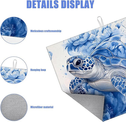 Watercolor Turtle Floral Dish Drying Mat for Kitchen Counter Drying Pad Absorbent Reversible Dish Drainer Rack Mats Draining Pad 18"x24"Inch