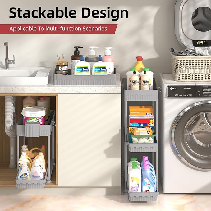 Sevenblue Under Sink Organizer, Bathroom Organizers and Storage, 2 Tier Multi-Use Pull Out Cabinet Organizer with Hang Hooks and Cups (Gray, 4 Pack) - Image 5