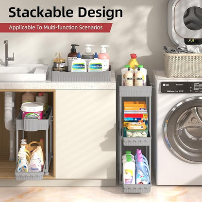 Sevenblue Under Sink Organizer, Bathroom Organizers and Storage, 2 Tier Multi-Use Pull Out Cabinet Organizer with Hang Hooks and Cups (Gray, 4 Pack) - Image 5