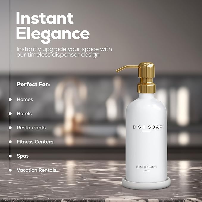 Luxury Glass Dish Soap Dispenser for Kitchen Sink by Brighter Barns - Modern Kitchen Soap Dispenser Set - Refillable Glass Pump Bottle and Tray - White and Gold Home Decor and Accessories, Gift (Gold) - Image 2