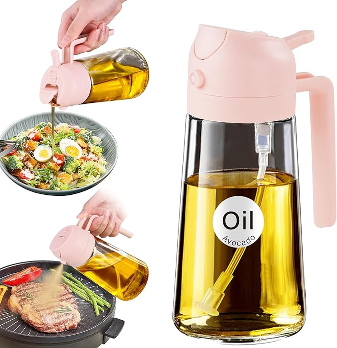 YARRAMATE 16oz/470ml Glass Olive Oil Sprayer for Cooking with Stickers, 2 in 1 Oil Dispenser for Kitchen Gadgets, Food Grade Premium Spray Bottle for Salad, Frying, BBQ (PeachPink) by YARRAMATE