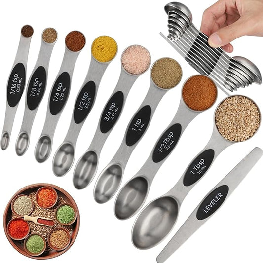 Magnetic Measuring Spoons Set of 9 Stainless Steel Dual Sided Stackable Teaspoon Tablespoon Nesting Measuring Spoon for Measuring Dry and Liquid Ingredients Fits in Spice Jar by CHAMTILE