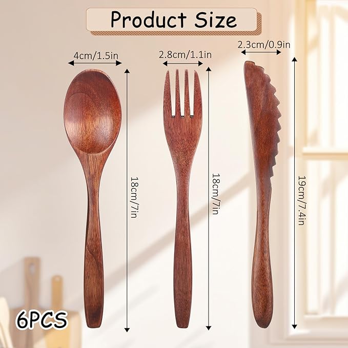 6 Pcs Wooden Utensils for Eating, Wooden Spoon Fork Cutlery Set Kitchen Wood Dinner Flatware Tableware Reusable Wood Spoon, Wooden Forks,Wooden Scraper for Travel and Camping - Image 2