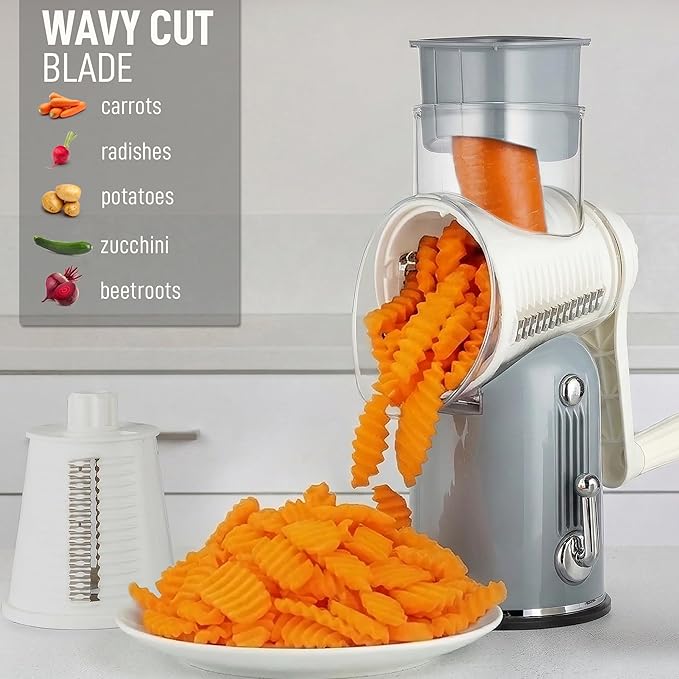 Zulay Kitchen Rotary Cheese Grater 5 Blade Cheese Shredder - Manual Hand Crank Cheese Grater With Reinforced Suction & 5 Interchangeable Drums - Easy to Use, Vegetable Chopper Round Mandoline Slicer - Image 4
