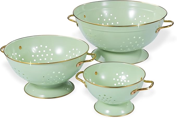 Metal Colander Set of 3, Strainer Basket with Handles perfect for Spaghetti, Pasta, Berry, Vegetable, Fruit, Solid Base Powder Coated Kitchen Essential Strainer Set, 1 & 3.5 & 5 Qt (Green) by Unknown