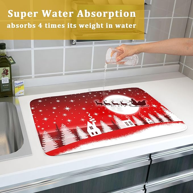 Christmas Reindeer Moon Star Red Dish Drying Mat for Kitchen Counter,White Xmas Tree Castle Drying Mat 18 x 24 Inch with Absorbent Reversible Microfiber Dish Drying Pad for Coffee Bar - Image 7