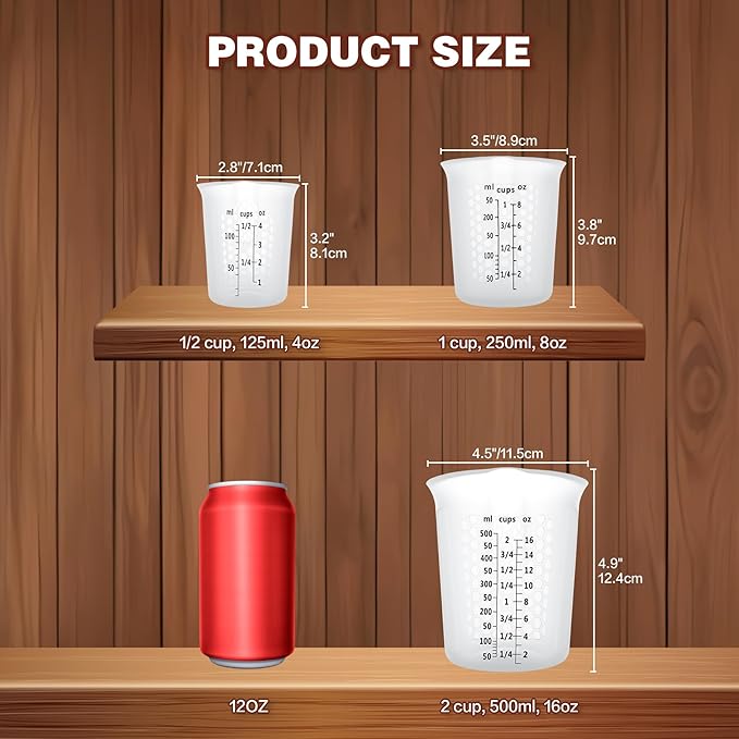 Silicone Measuring Cups Set 125ml + 250ml + 500ml for Cooking Reusable Baking Supplies Silicone Flexible Melting Measure Cup for Butter, Chocolate