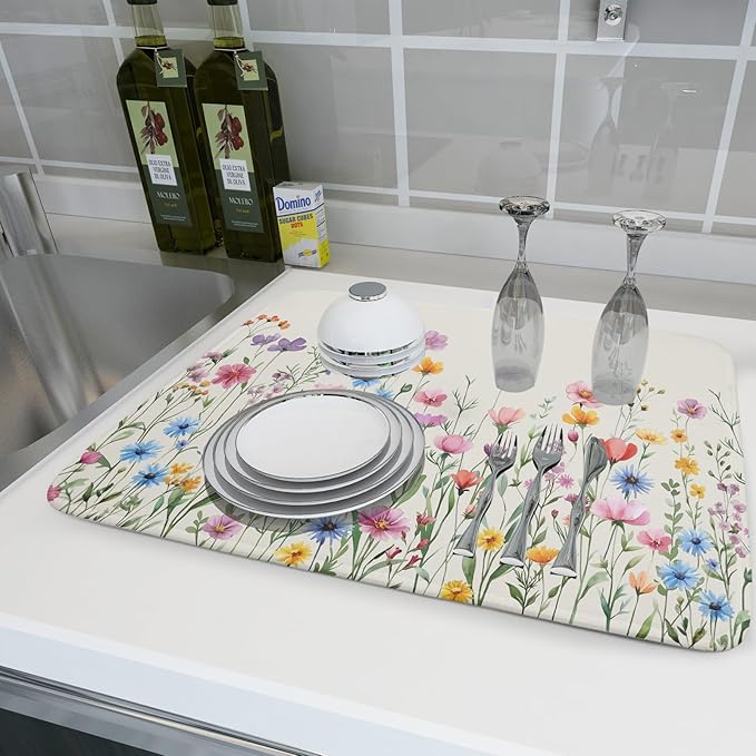 Giwawa Spring Floral Dish Drying Mat 18"x24" Watercolor Summer Wildflower Dish Drainer Mats Herb Flower Reversible Absorbent Dish Drying Pad Decor for Kitchen Countertop Dining Room