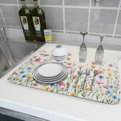 Giwawa Spring Floral Dish Drying Mat 18"x24" Watercolor Summer Wildflower Dish Drainer Mats Herb Flower Reversible Absorbent Dish Drying Pad Decor for Kitchen Countertop Dining Room