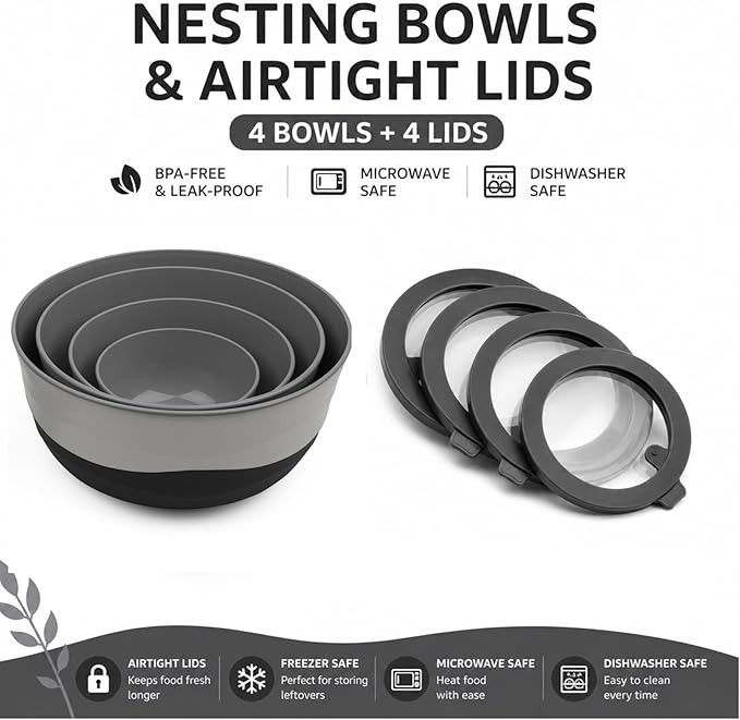 Pera Mixing Bowls with Lids Set, 8 Piece (4 Bowls + 4 Airtight Lids), BPA Free Nesting Kitchen Bowl Set for Mixing & Food Storage, Microwave & Dishwasher Safe (Black)
