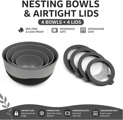 Pera Mixing Bowls with Lids Set, 8 Piece (4 Bowls + 4 Airtight Lids), BPA Free Nesting Kitchen Bowl Set for Mixing & Food Storage, Microwave & Dishwasher Safe (Black)