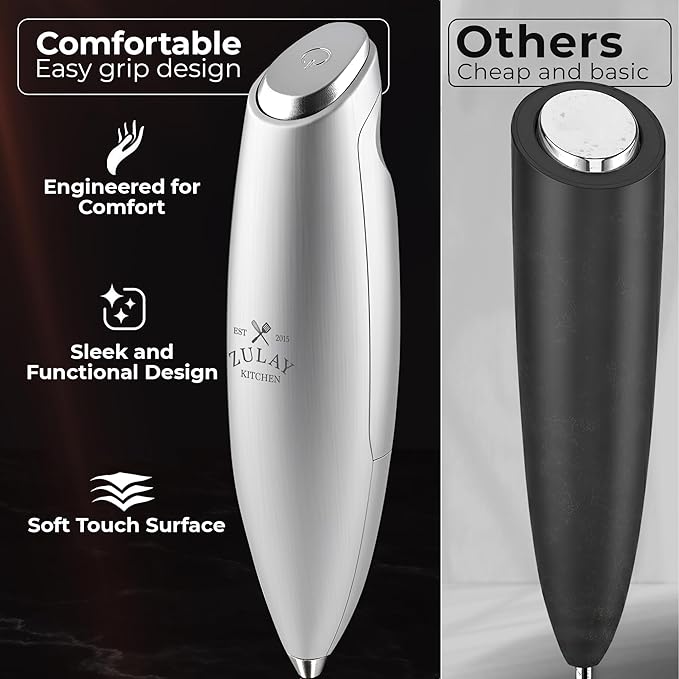 Zulay Kitchen Patented Tornado Triple Whisk Milk Frother with 4 Duracell Batteries – Handheld Foam Maker for Coffee, Lattes, Matcha & Hot Chocolate – Rich, Creamy Froth in Seconds - Bright Silver - Image 4