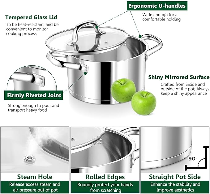 P&P CHEF 8 Quarts Cooking Stock Pot with Lid, Stainless Steel Stockpot Induction Pot for Soup, Tri-Ply Bottom & Clear Glass Lid & Double Handle, Dishwasher Safe - Image 3