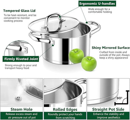 P&P CHEF 8 Quarts Cooking Stock Pot with Lid, Stainless Steel Stockpot Induction Pot for Soup, Tri-Ply Bottom & Clear Glass Lid & Double Handle, Dishwasher Safe - Image 3
