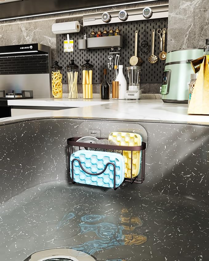 HapiRm Multifunctional Sponge Holder for Kitchen Sink with Unique M-Shaped, 2 Installation Methods Sink Caddy, Stainless Steel Kitchen Organizer for Sponge, Brush, Sink Stopper and Scraper -Bronze - Image 6