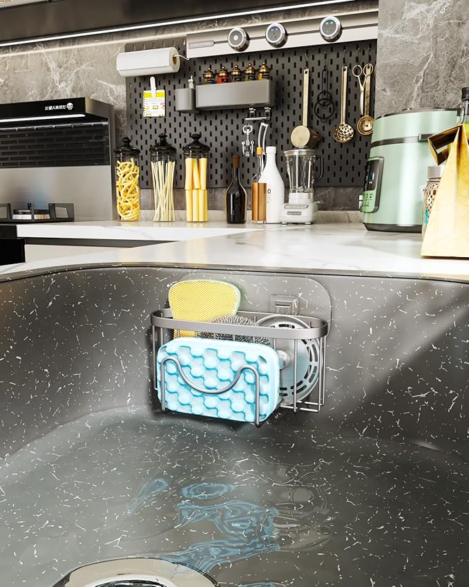 HapiRm Multifunctional Kitchen Sponge Holder with Unique M-Shaped, 2 Installation Ways Sink Caddy, Stainless Steel Kitchen Organizer for Sponge, Brush, Sink Stopper and Scraper -Brushed Nickel - Image 6