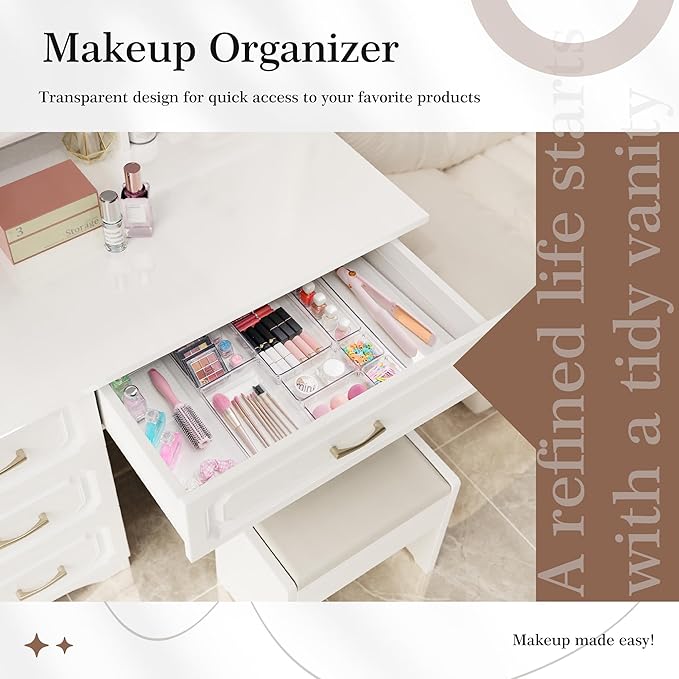 Criusia 14 PCS Clear Plastic Drawer Organizer Set - 5 Large Size Versatile Kitchen and Bathroom Organizer Trays, Non-Slip Storage Bins for Makeup, Utensils, Tool and Office Desk - Image 5
