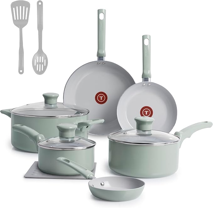 T-Fal Refresh Ceramic Nonstick Cookware Set, Oven Safe Up to 350ºF, 12-Piece, Includes Stockpot, Griddle, Frying Pans, Utensils, Ceramic Pots and Pans Set, Mint Green by T-falbrand