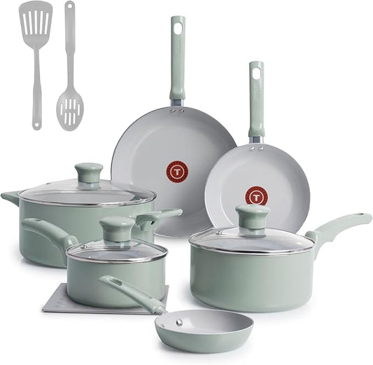 T-Fal Refresh Ceramic Nonstick Cookware Set, Oven Safe Up to 350ºF, 12-Piece, Includes Stockpot, Griddle, Frying Pans, Utensils, Ceramic Pots and Pans Set, Mint Green by T-falbrand