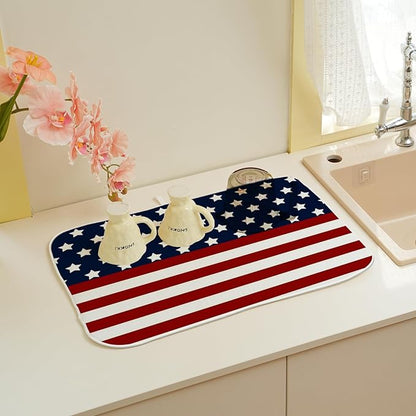 4th of July Dish Drying Mat 18 x 24 Inch Patriotic Red Stripe Navy Blue Stars Drying Mat for Kitchen Counter Absorbent Independence Day Memorial Day Dishes Dry Pad for Drainer Rack Kitchen Fast Dry