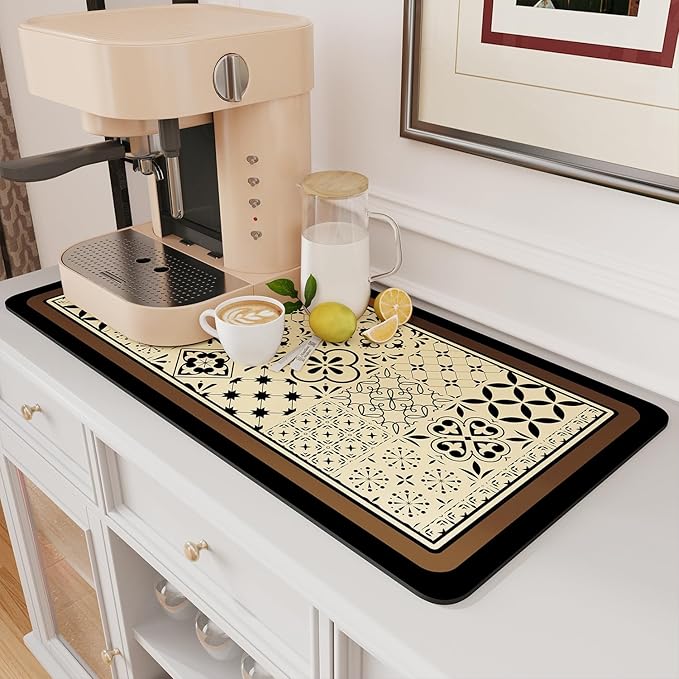 AMOAMI Coffee Mat Hide Stain Rubber Backed Absorbent Dish Drying Mat for Kitchen Counter - Fits Under Coffee Maker or Machine - Khaki 17x31.5 by AMOAMI