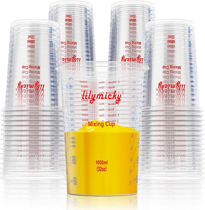 50 PACK Plastic Measuring Cups, 32 oz (1000ml) Disposable Mixing Cups, Measurement ratios: 2:1, 3:1, 4:1, Perfect for Epoxy Resin, Paint Mixing, Art DIY