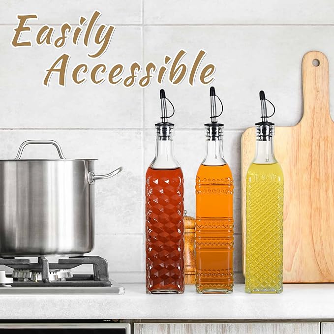 3-Pack Glass Oil Dispensers 500ML/17OZ, Oil and Vinegar Bottles Set with Stainless Steel Pourers, Brush, Funnel, Seal Caps (Square) - Image 6