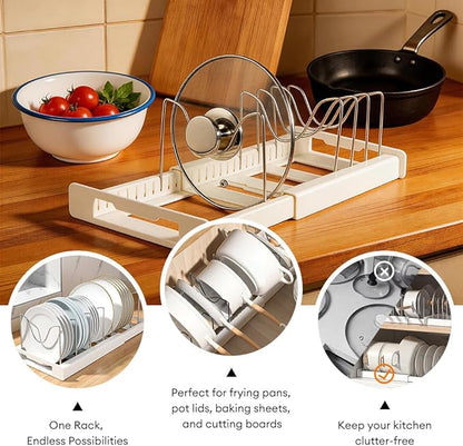 Expandable Pot and Pan Organizer Rack for Cabinet, Adjustable 35-58cm Kitchen Cabinet Organizer with 8 ABS Dividers for Lids, Cutting Boards, Bakeware, Dark Gray