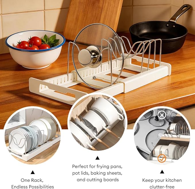Adjustable Pot and Pan Organizer for Cabinet, Expandable 12"-22" Pan Lid Rack with 7 Stainless Steel Dividers, ABS White Kitchen Cabinet Organizer for Pots, Lids, Cutting Boards