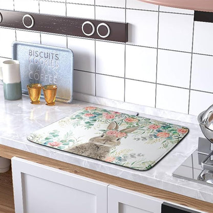 Easter Rabbit Dish Drying Mats for Kitchen Counter Easter Spring Watercolor Floral Bunny Absorbent Dish Drying Mat 18x24 Inch Absorbent Reversible Reusable Washable Dishes Drainer Mats - Image 5