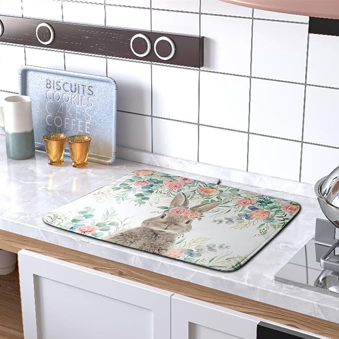 Easter Rabbit Dish Drying Mats for Kitchen Counter Easter Spring Watercolor Floral Bunny Absorbent Dish Drying Mat 16x18 Inch Absorbent Reversible Reusable Washable Dishes Drainer Mats - Image 5
