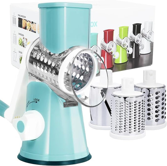 Rotary Cheese Grater, Cheese Grater Hand Crank with 3 Interchangeable Blades, Manual Cheese Shredder with Strong Suction Base, Easy to Use and Clean, Blue by REDPANT